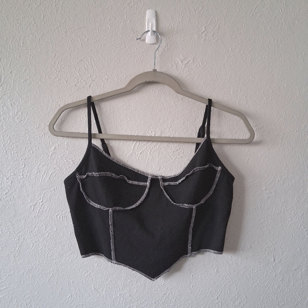 SHEIN Cropped Cami Tank Black Women's Top with White Stitching
